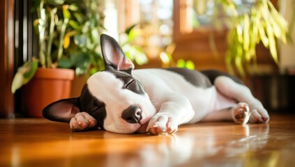 Wall Mural - Adorable black and white puppy sleeping peacefully on a wooden floor near potted plants in sunlit room.