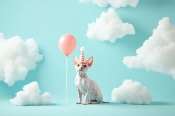 Poster - Sphynx cat wearing party hat with balloon, clouds.