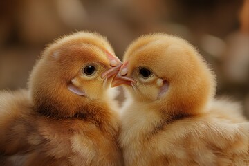 Poster - Two cute fluffy yellow baby chicks touching beaks.