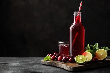 Sticker - Refreshing cranberry drink in glass bottle with lime and mint.