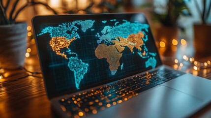 Poster - A laptop with a world map symbolizes remote work in a cozy workspace