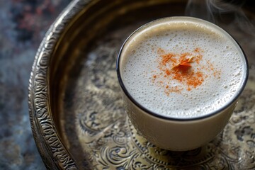 Poster - Steaming turmeric latte in a glass cup on an ornate brass tray.