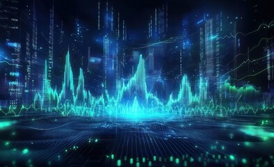 Poster - Futuristic cityscape with glowing data streams and graphs.
