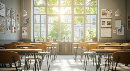 Poster - Sunlit classroom with desks, chairs, posters, and large window.