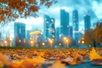 Poster - Autumn leaves in foreground with blurred city skyline background.