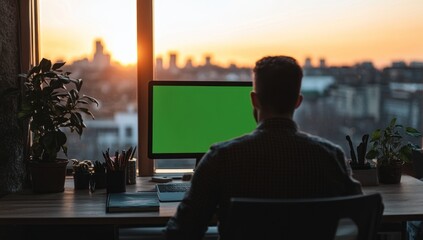 Poster - Man working at computer, sunset view.