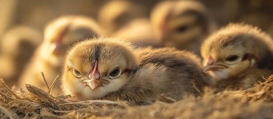 Poster - Cute fluffy chicks huddled together in a nest at sunrise.
