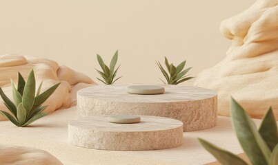 Poster - Two round stone podiums with plants on a beige background.