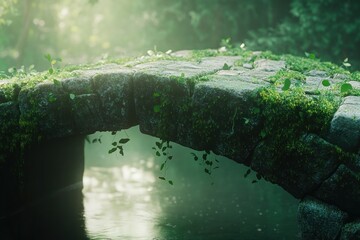 Aufkleber - Mossy stone bridge over calm water in a serene forest, sunlight filtering through leaves.