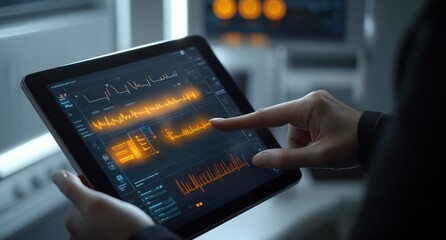 Leinwandbilder - Hands using tablet displaying data graphs.