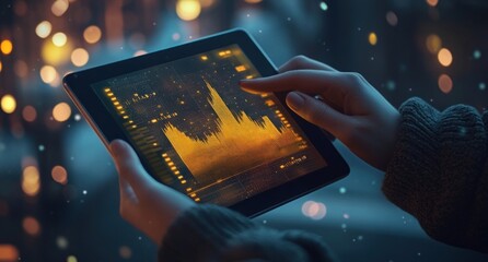 Poster - Hands holding tablet displaying stock market graph at night.