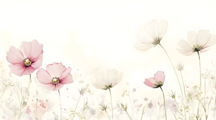 a gentle watercolor illustration featuring understated cosmos flowers in pale pink and white, set ag