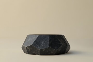 Poster - Black geometric marble podium on beige background.