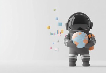 Poster - Cute astronaut holding Earth globe, data visualization.