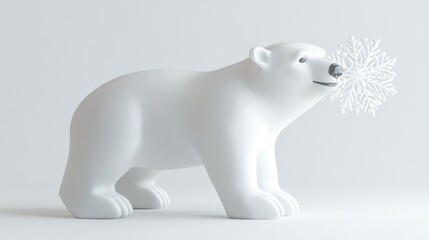 Poster - White polar bear figurine holding a snowflake against a white background.