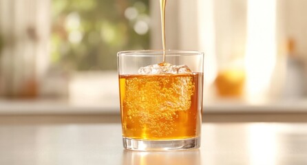 Poster - Amber liquid pouring into glass with ice cubes on kitchen counter.