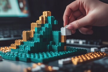 Poster - Hand adding a white block to a teal and gold block chart.