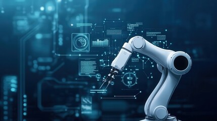 Poster - High-tech industrial robotic arm performing precision tasks in a futuristic digital factory environment with data analytics and visualization elements