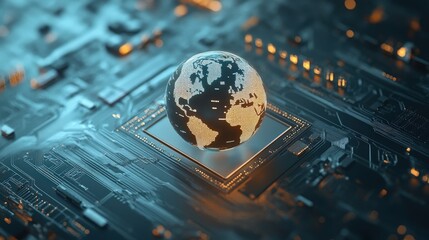 Poster - Futuristic Globe on Circuit Board Displaying Global Connectivity and Technology Advancements in Digital World, Symbolizing Innovation and Modern Communication