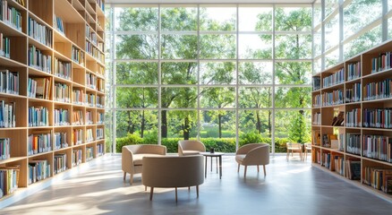 Aufkleber - Modern library interior with large windows, bookshelves, and comfortable seating area overlooking a lush green garden.