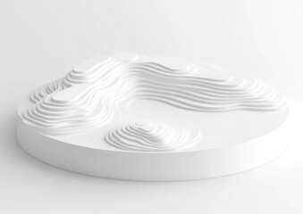 Poster - Abstract white 3D model of layered hills and mountains on a circular base.