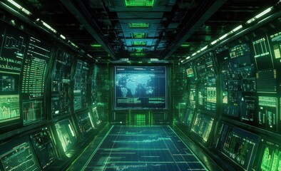 Poster - Futuristic control room with glowing green screens displaying data and a world map.