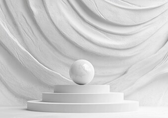 White sphere on tiered platform against textured draped backdrop.