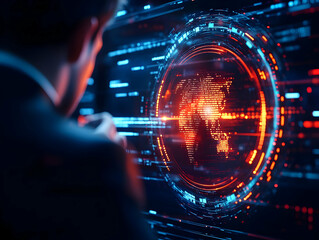 Poster - A business professional analyzes digital data on an advanced interface showcasing global information.