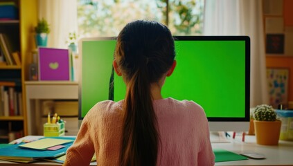 Poster - Girl using computer with green screen.
