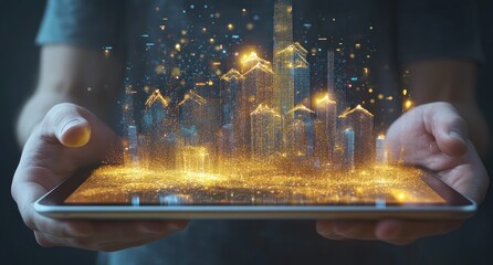 Poster - Person holding tablet displaying a glowing city model.