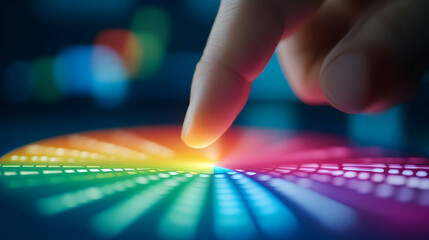 Poster - A close-up of a finger touching a vibrant display of colorful lights, symbolizing tech interaction and innovation.