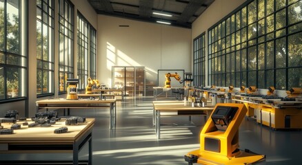 Leinwandbilder - Sunlit industrial workshop with multiple robots and automated machinery.
