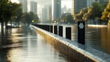 Urban Landscape with Flooded Streets and City Skyline During Rainy Weather, Highlighting the Effects of Climate Change and Rising Water Levels in Modern Cities