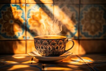 Poster - Steaming cup of coffee on ornate saucer, sunlit tile background.