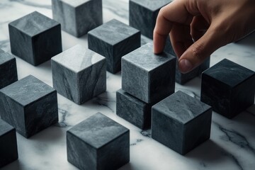 Poster - Hand placing grey stone cube on others, strategy concept.