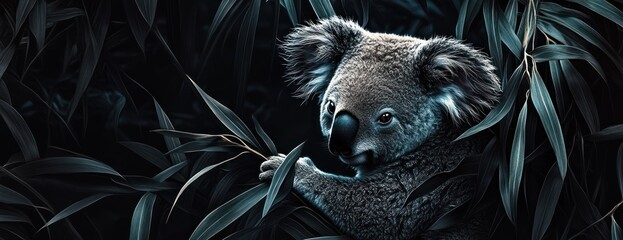 Poster - Koala Bear in Eucalyptus Leaves at Night.
