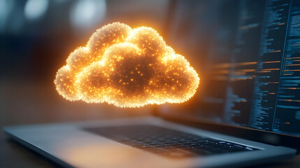 Poster - A glowing cloud symbol hovering above a laptop screen, representing cloud computing and digital innovation.
