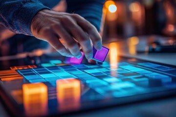 Poster - Close-up of a person's hand manipulating glowing cubes on a digital interface.