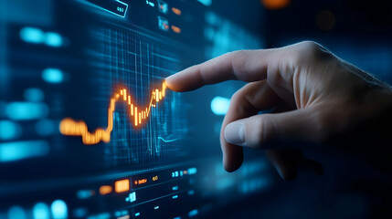Poster - A hand touching a digital screen displaying fluctuating financial data and analytics for analysis.