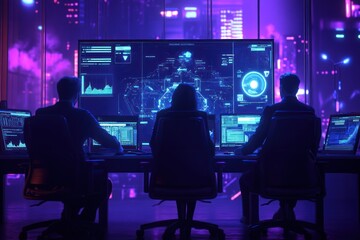 Aufkleber - Three people sit at a desk in a dark room monitoring screens displaying data against a futuristic city backdrop.