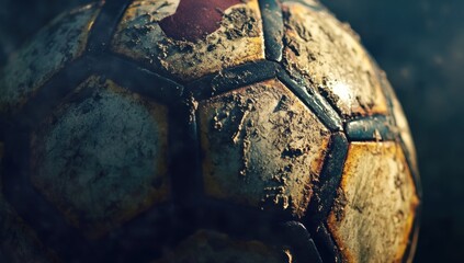 Wall Mural - Close-up of a muddy, worn-out soccer ball.