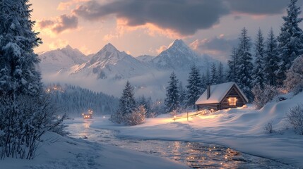Aufkleber - Snow covers the tranquil landscape, highlighting a cozy cabin by the winding river. Majestic mountains loom in the background as warm light glows from the retreat, creating a magical winter twilight