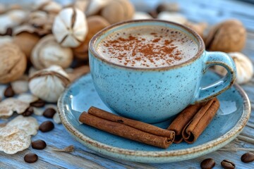 Poster - Aromatic coffee in a blue cup with cinnamon sticks and nuts.