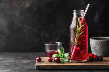Poster - Cranberry rosemary drink in glass bottle with fresh cranberries and mint on wooden board.