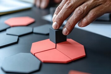 Poster - Close-up of hand placing black cube on red and black geometric shapes.