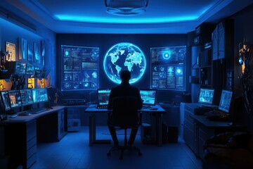 Aufkleber - Person sits at desk in futuristic, high-tech room with global network displays.