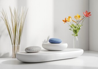 Poster - Minimalist scene with stones, flowers, and grasses on white platform.