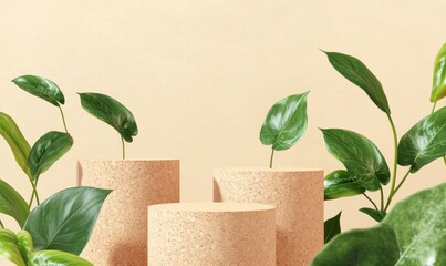 Poster - Beige cylindrical podiums with green plants.