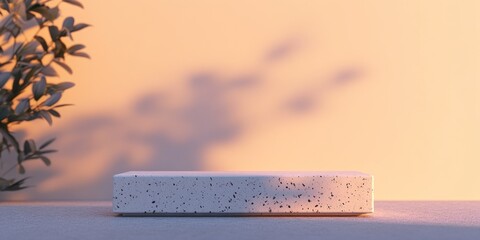 Poster - Minimalist white terrazzo display podium with plant shadow on pastel background.