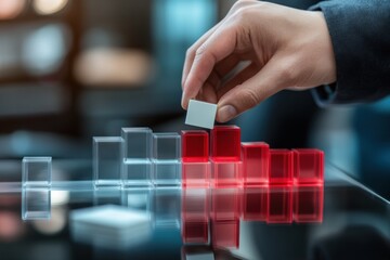 Poster - Hand placing white cube on red and clear glass blocks representing growth, progress, or strategy.